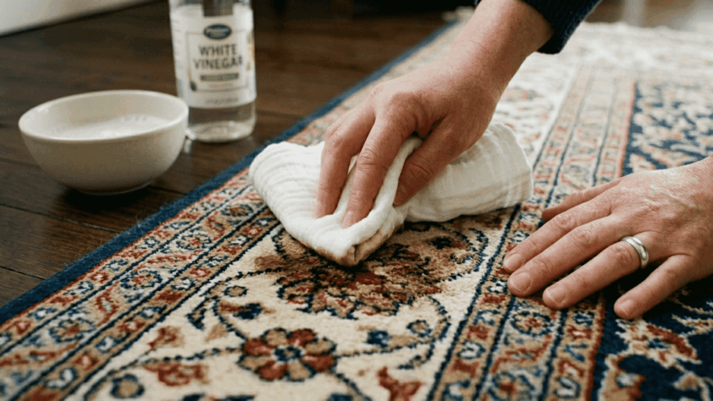 a pair of hands blotting a visible stain on a patterned area rug using a clean white cloth with a detergent solution placed close by