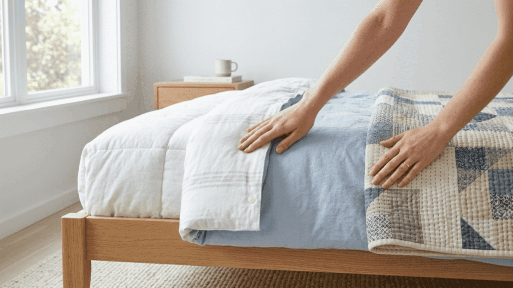 a pair of hands comparing a comforter, duvet, and quilt laid out on a bed in a bright naturally lit bedroom