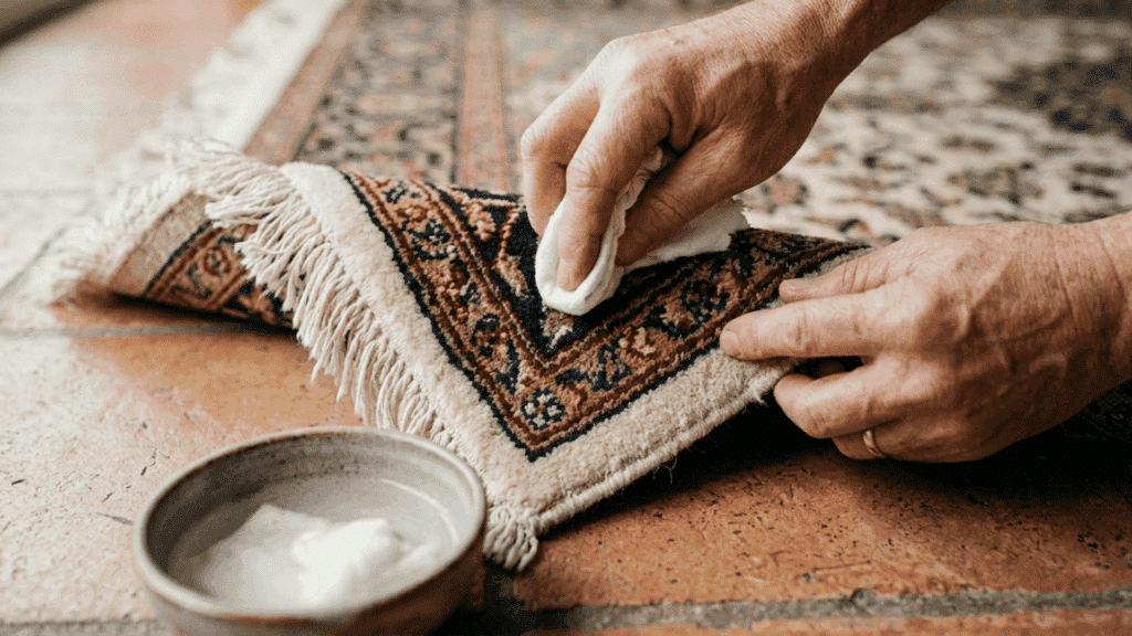 a pair of hands dabbing cleaning solution onto a small corner section of an area rug indoors to test for fiber or color reaction first