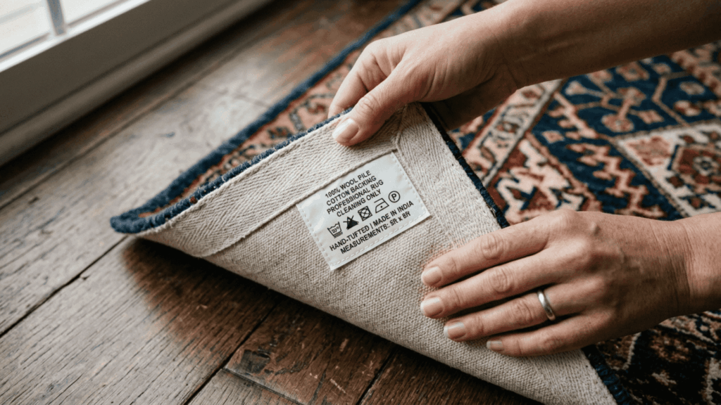 a pair of hands flipping the corner of a patterned area rug to read the care label on the back before starting the cleaning process