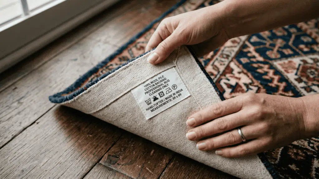a pair of hands flipping the corner of a patterned area rug to read the care label on the back before starting the cleaning process