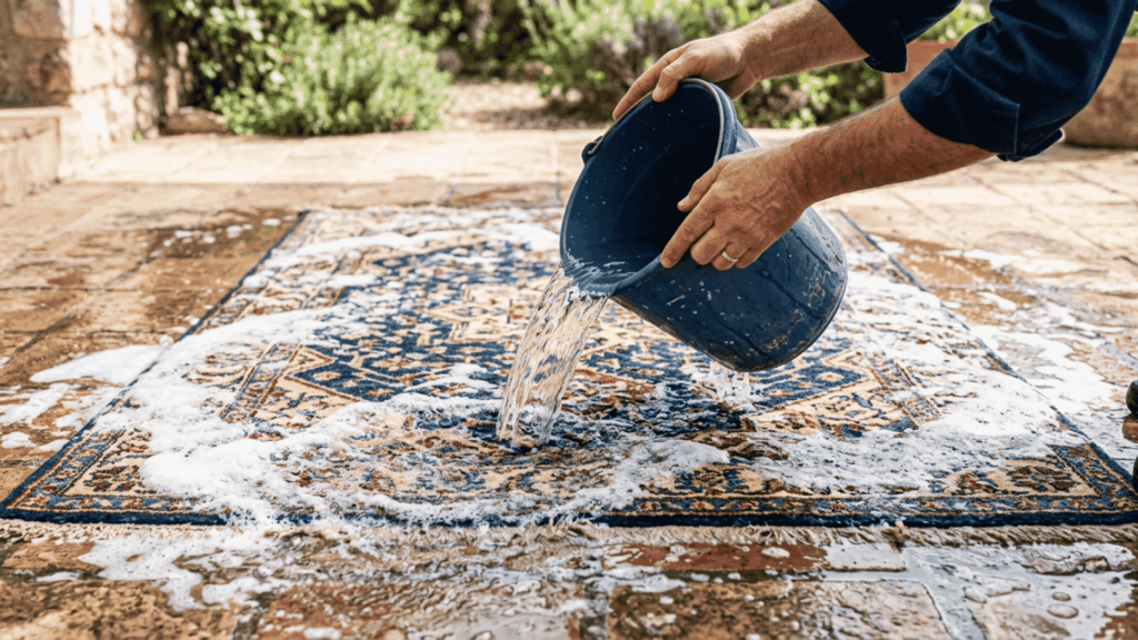 a pair of hands rinsing a patterned area rug laid flat outdoors by pouring clean water as residual soap visibly runs off the surface