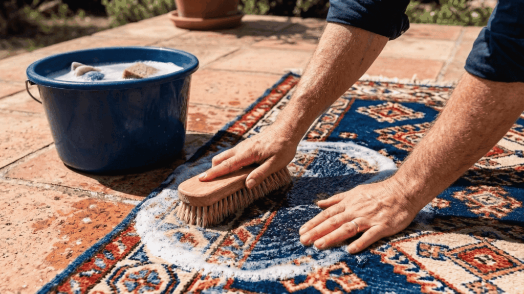 a pair of hands scrubbing a damp patterned area rug with a soft bristled brush and soapy water on a tiled outdoor surface in natural daylight