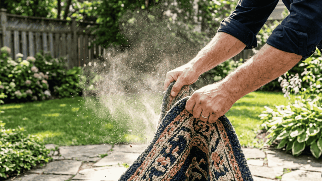 a pair of hands shaking an area rug outdoors in daylight to release dust and loose debris from the fibers before the cleaning process