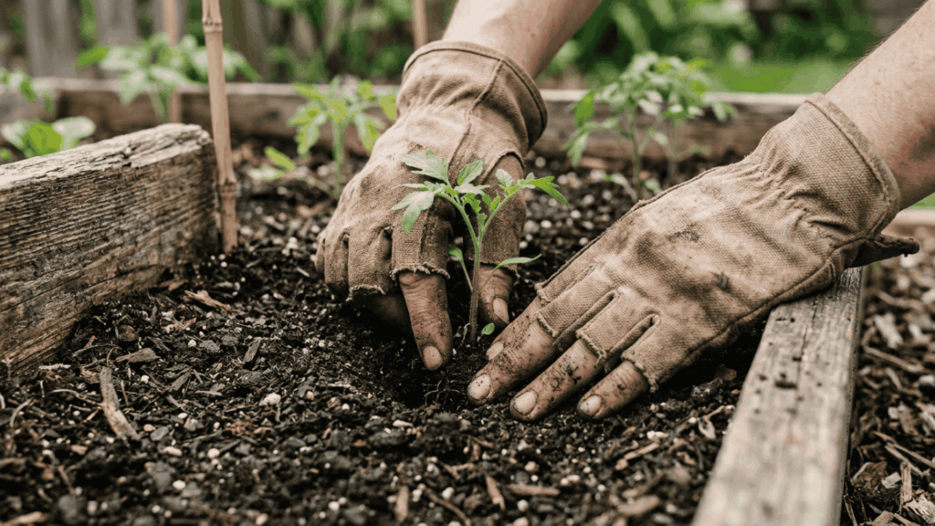 a pair of hands wearing light brown gardening gloves carefully placing a small seedling into dark soil inside an outdoor raised wooden garden bed