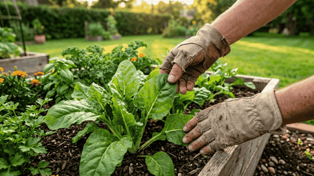 a pair of hands wearing light brown gardening gloves gently touching the full green leaves of a healthy thriving plant in an outdoor raised wooden garden bed