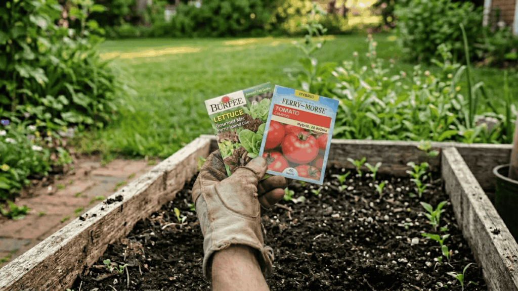 a pair of hands wearing light brown gardening gloves holding seed packets over an outdoor raised wooden garden bed with green grass in the background