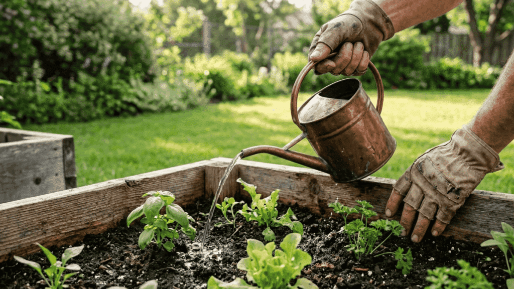 a pair of hands wearing light brown gardening gloves pouring water from a copper watering can at the base of plants in a raised wooden garden bed