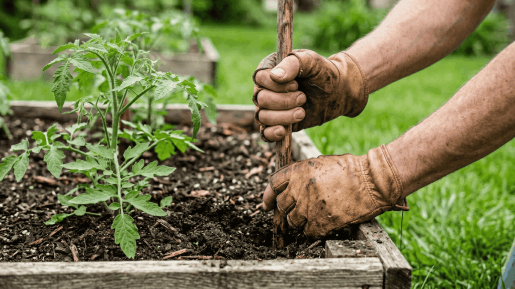 _a pair of hands wearing light brown gardening gloves pushing a wooden stake into soil beside a young tomato plant in a raised wooden garden bed
