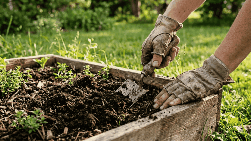 a pair of hands wearing light brown gardening gloves using a small trowel to loosen dark soil in an outdoor raised wooden garden bed