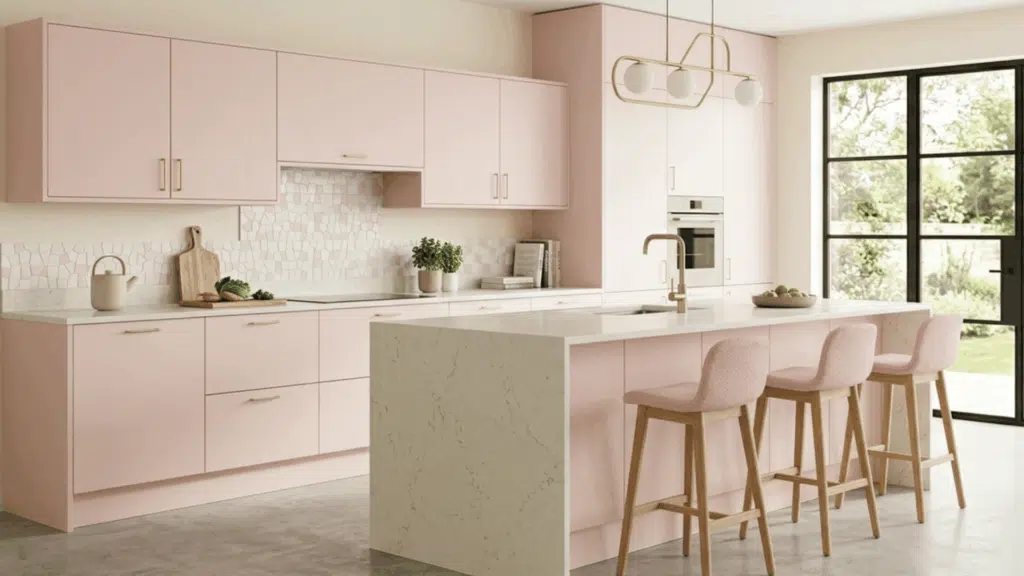 a pale pink and cream kitchen with pale pink kitchen cabinets, cream coloured countertop with pale pink side chairs