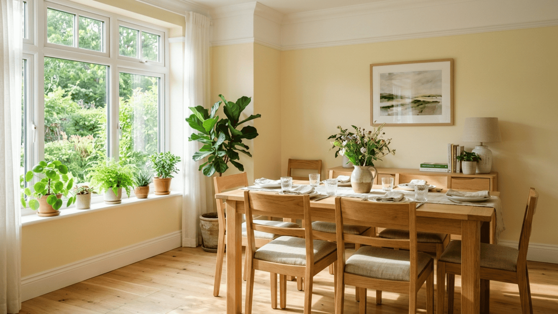 a pale yellow dining room with white trim light wood furniture and green plants lit by soft morning light for a fresh relaxed feel