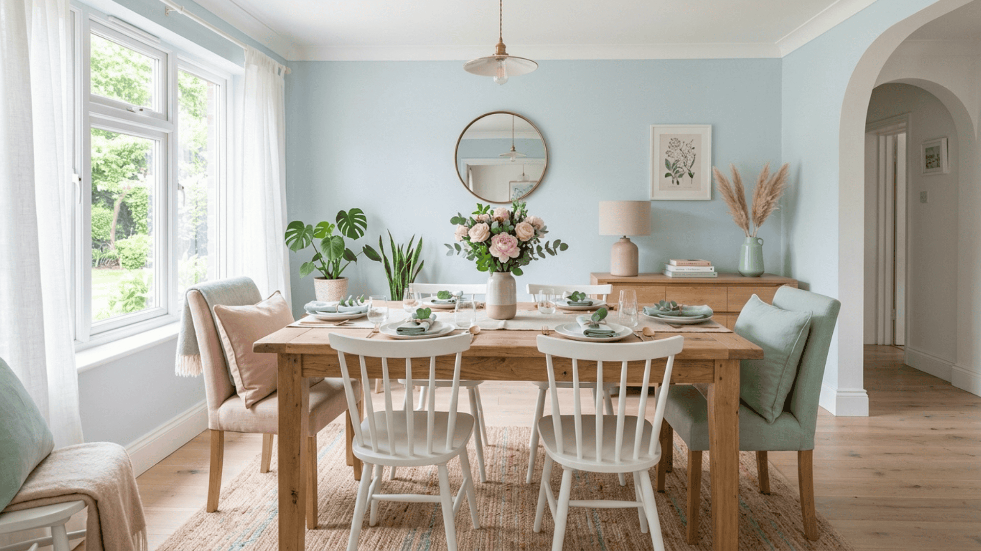 a pastel dining room palette with pale blue walls white furniture and mint blush accents creating a calm airy and visually light space