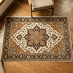 a patterned area rug on a wooden floor surrounded by household cleaning supplies including a brush bucket and white vinegar in warm light