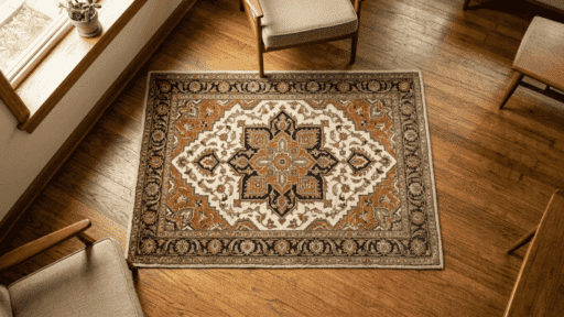 a patterned area rug on a wooden floor surrounded by household cleaning supplies including a brush bucket and white vinegar in warm light