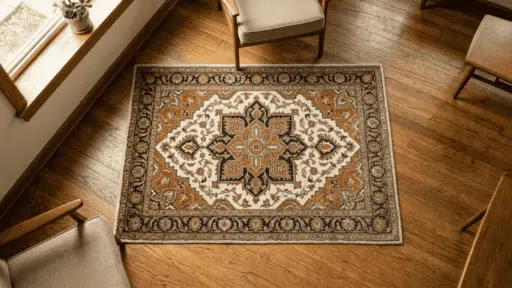 a patterned area rug on a wooden floor surrounded by household cleaning supplies including a brush bucket and white vinegar in warm light