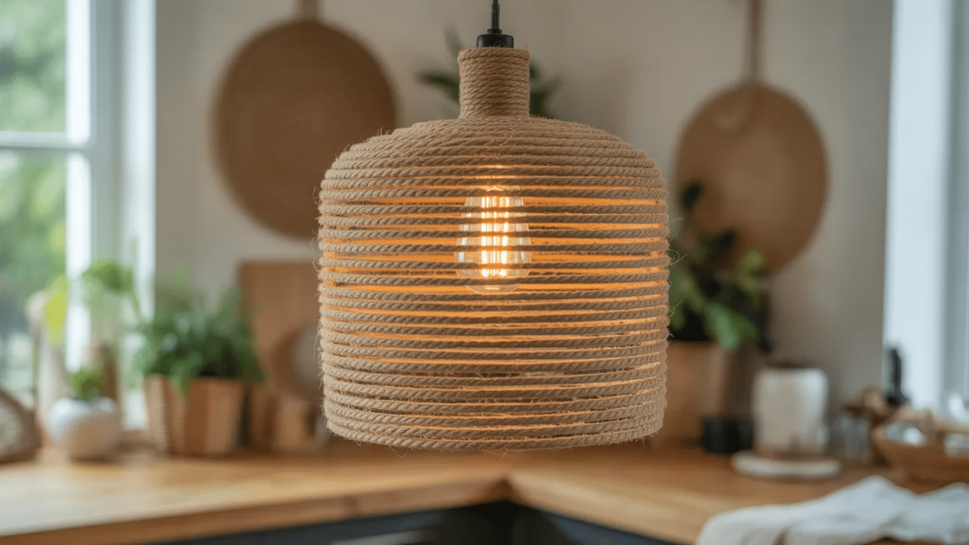 a pendant light wrapped in natural rope, with a visible filament bulb inside, hanging above a wooden countertop surrounded by plants and woven baskets.