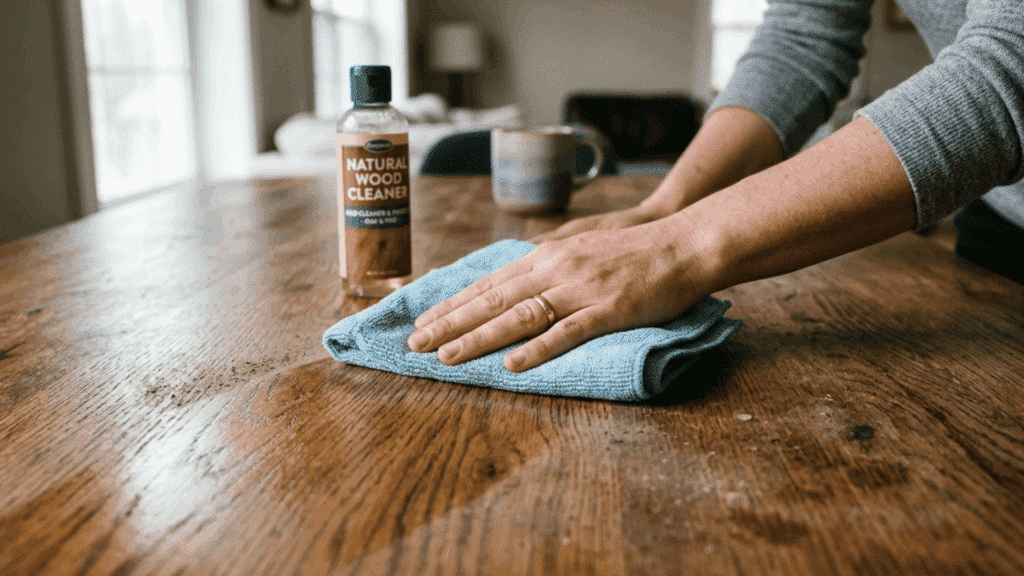 a person cleaning a wooden surface with a cloth to remove dust and grease before starting the painting process at home