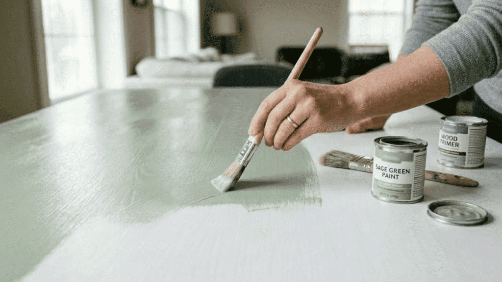 a person painting a wooden surface with smooth green paint using a brush in thin even coats over primed base