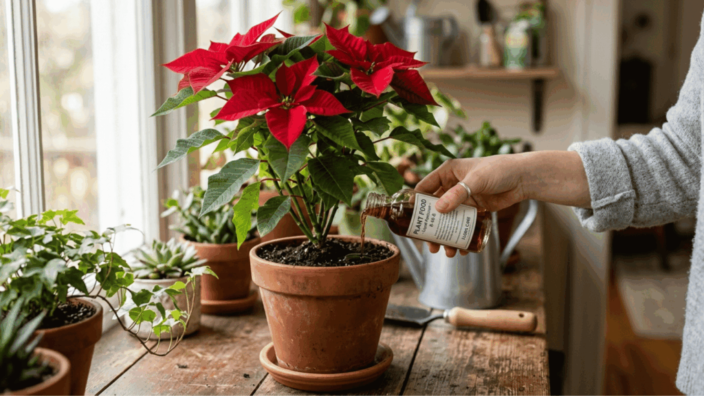 a persons hand adding organic liquid fertilizer to poinsettia plant in a small indoor gardening scene