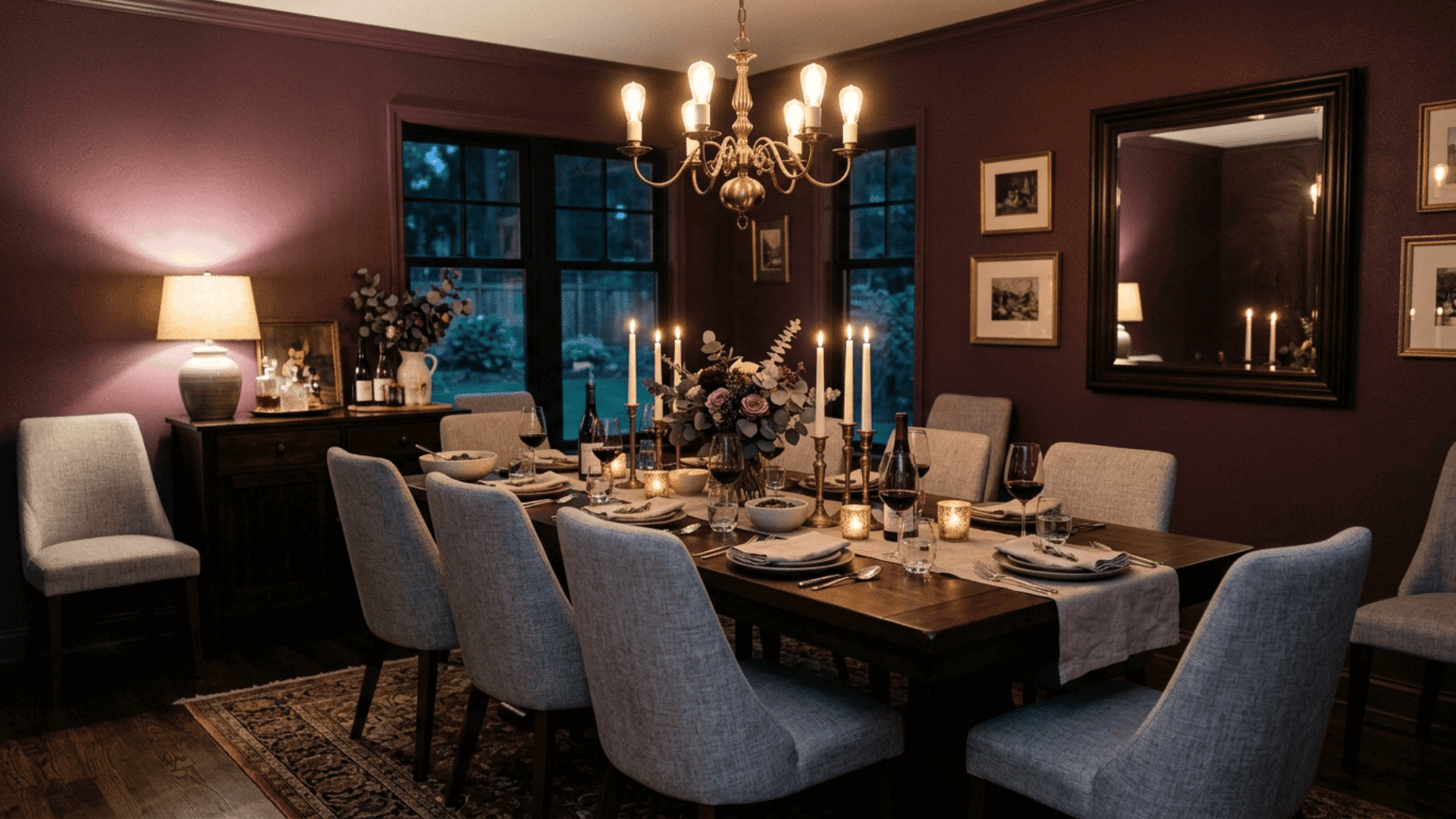 a plum dining room with dark wood furniture gray linen chairs and dimmed brass chandelier creating a rich moody evening dining setting
