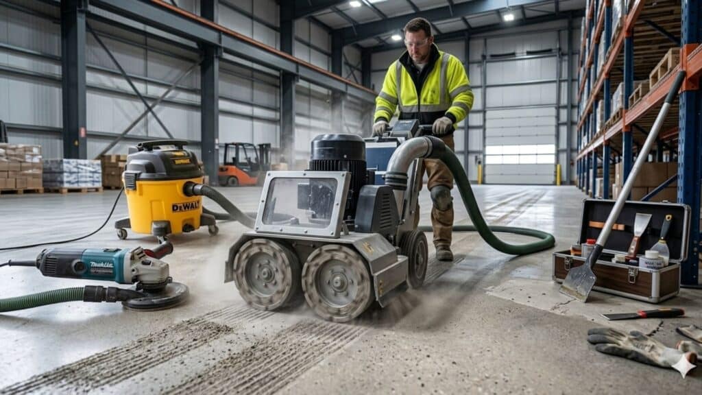a professional contractor uses a heavy floor grinding machine with dual diamond pads to create overlapping passes on a concrete warehouse floor, with dust extraction and tools nearby