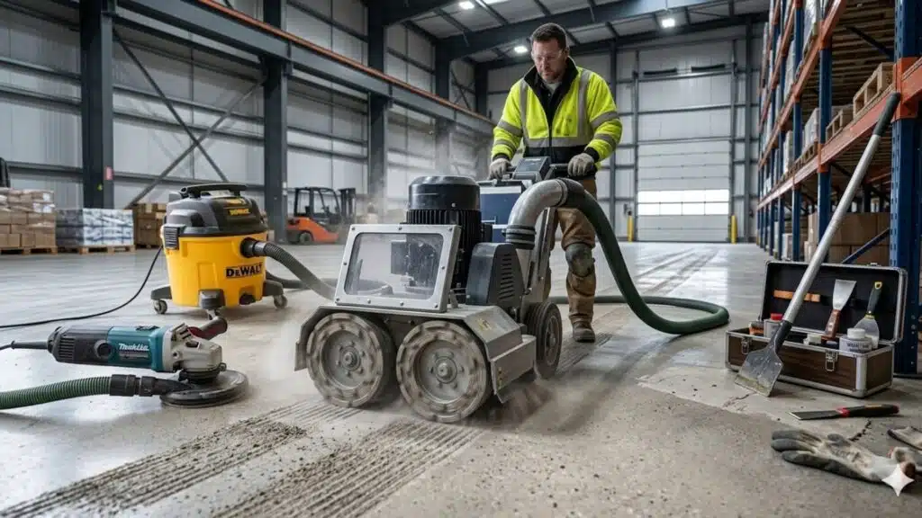a professional contractor uses a heavy floor grinding machine with dual diamond pads to create overlapping passes on a concrete warehouse floor, with dust extraction and tools nearby