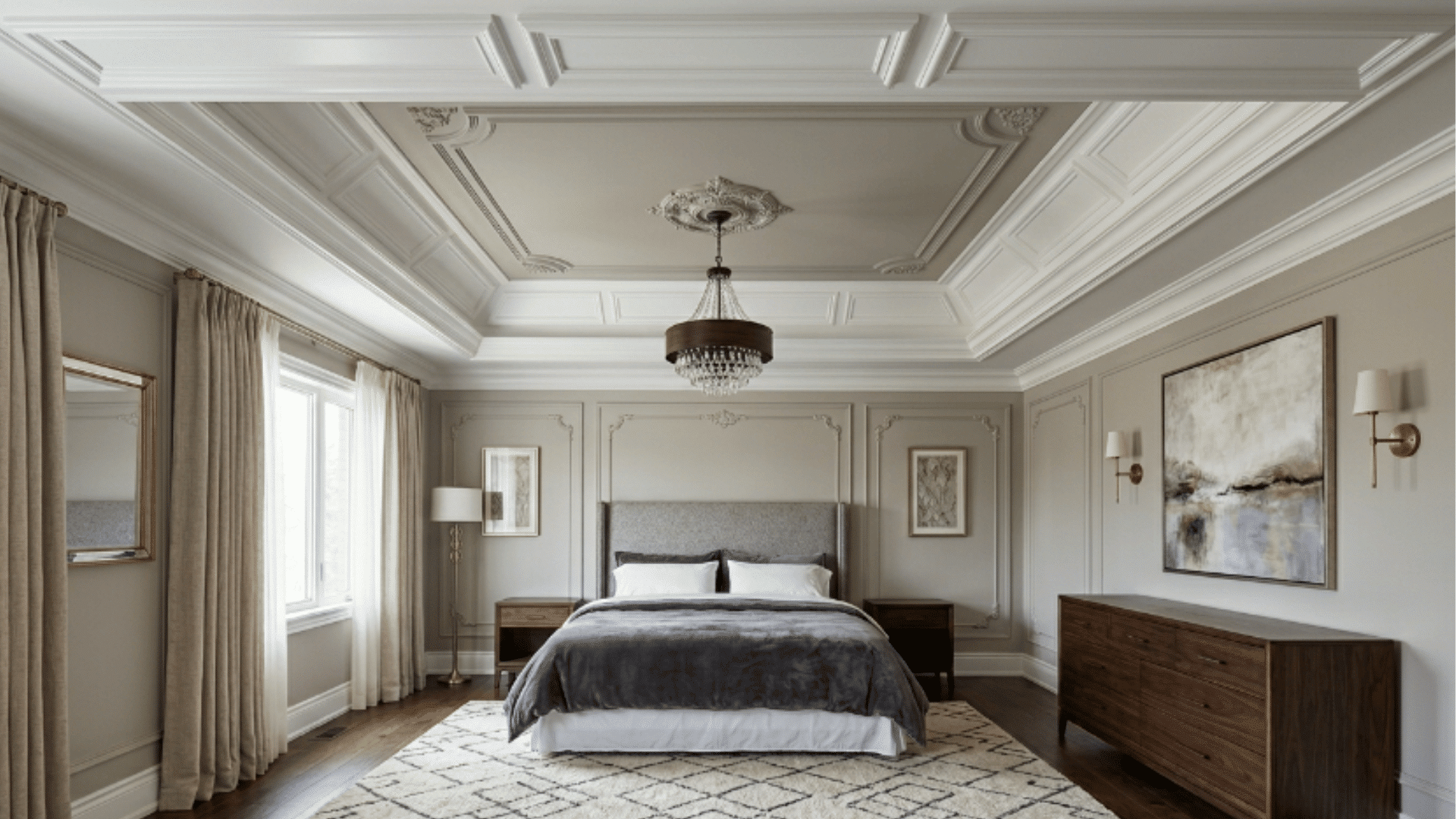 a room with a tray ceiling featuring layered molding details creating a structured and classic ceiling design
