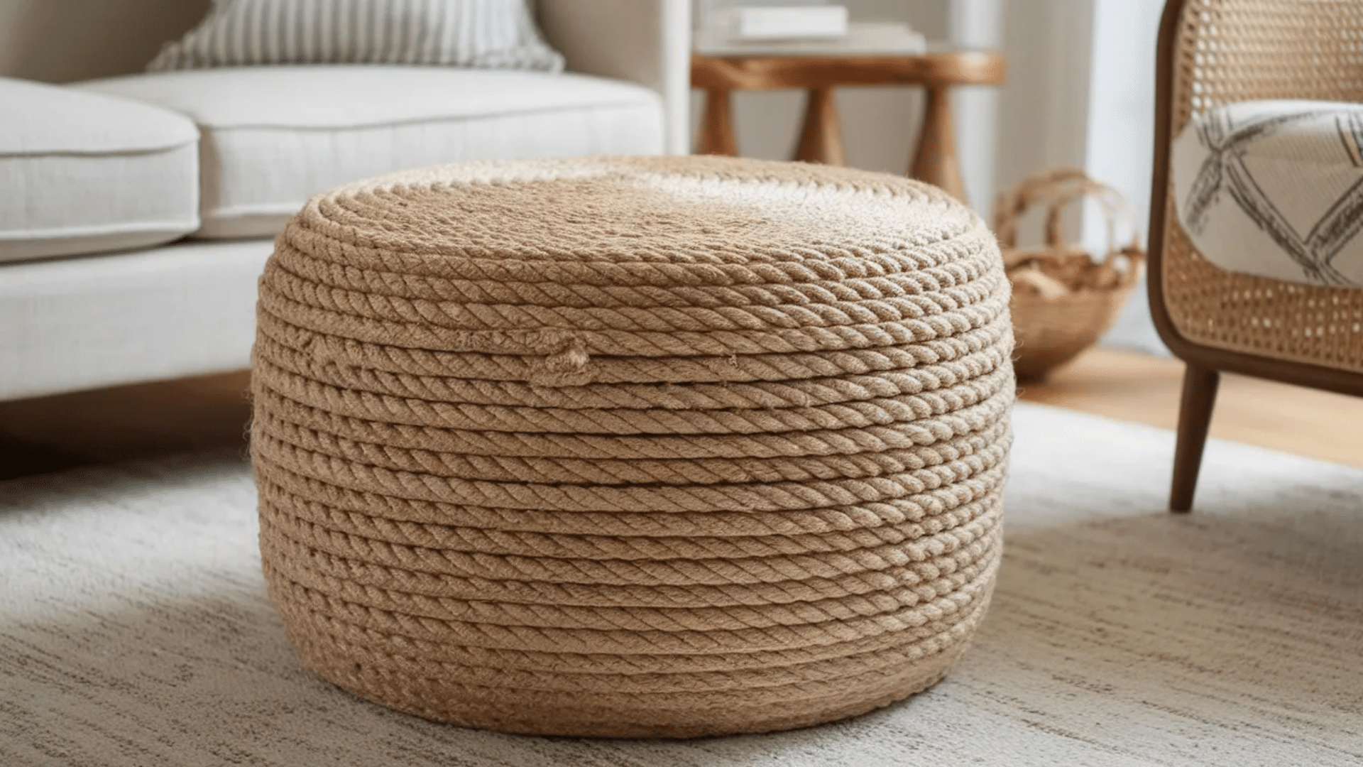 a round woven rope ottoman sitting on a light-colored rug with a beige chair and wooden table in the background.