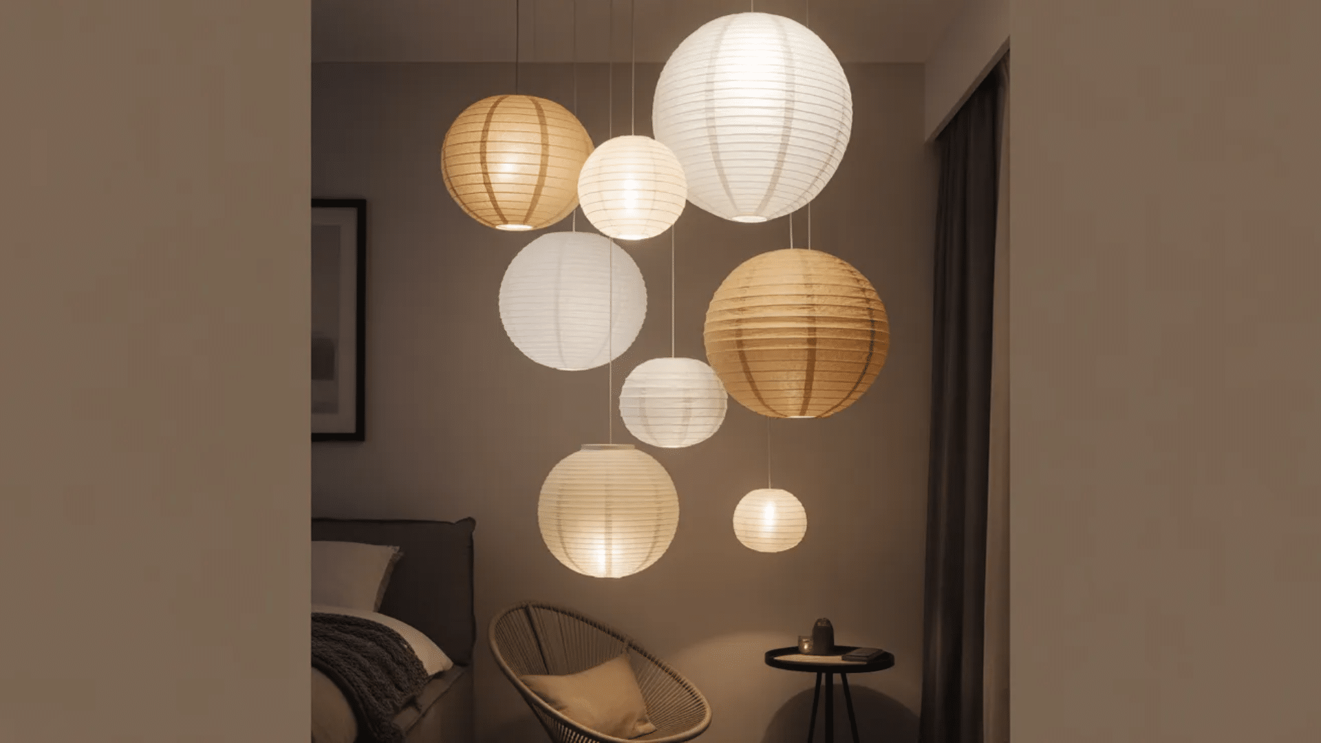 a series of paper lanterns in different sizes, suspended from the ceiling, casting a soft warm glow above a cozy bedroom setup with a chair and small table.