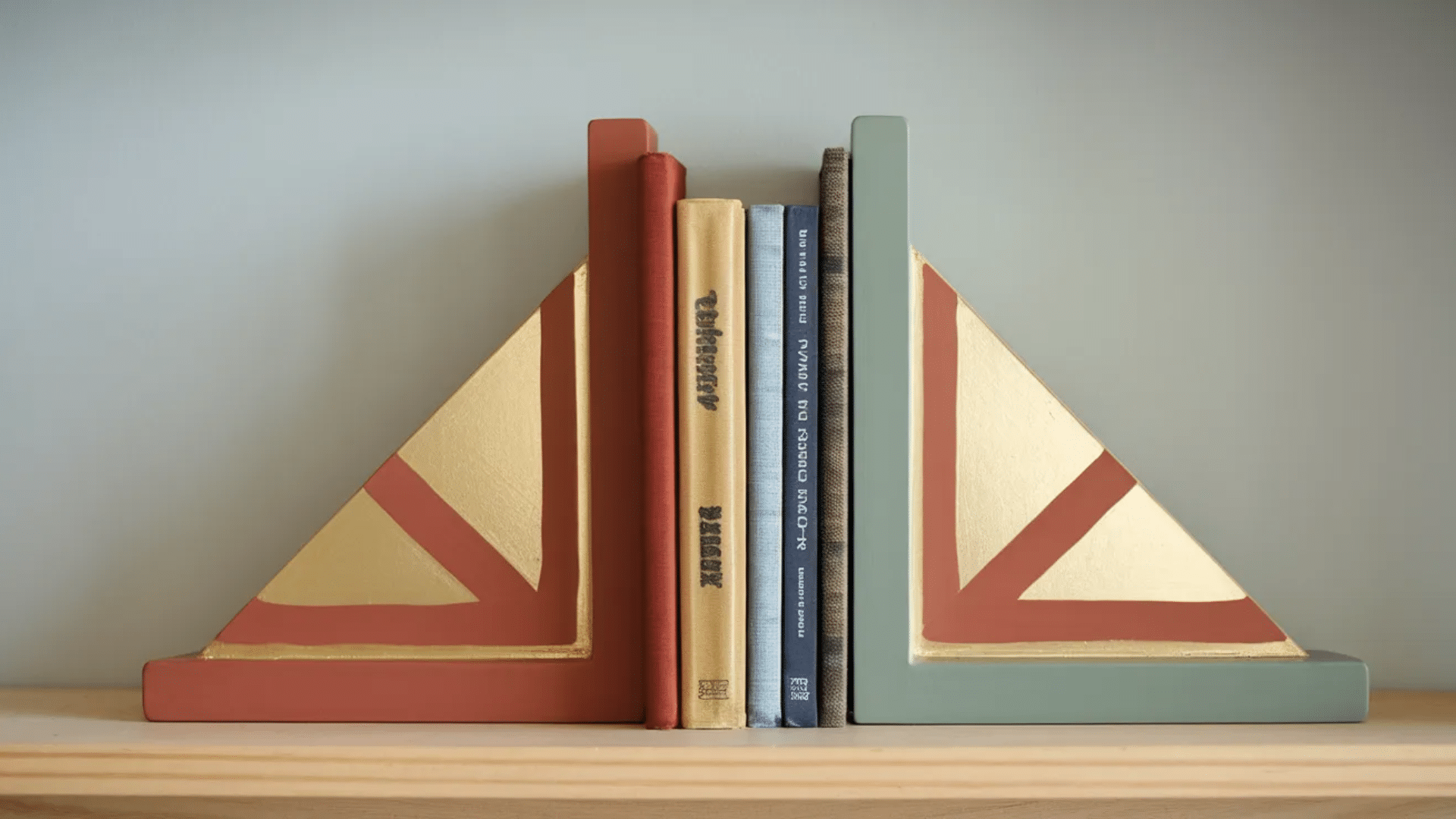 a set of geometric bookends painted in earthy colors with books stacked between them on a wooden shelf.