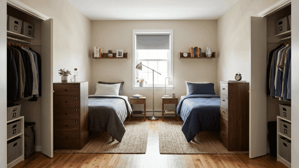 a shared bedroom with two separate storage zones, individual shelves, dedicated drawer units, and divided closet sections for each person