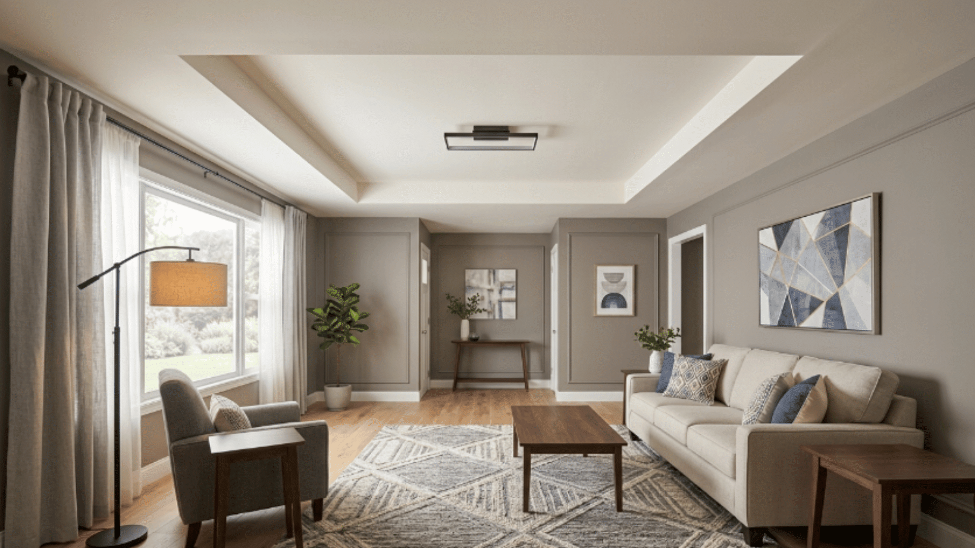 a simple rectangular tray ceiling with clean edges and a minimal design