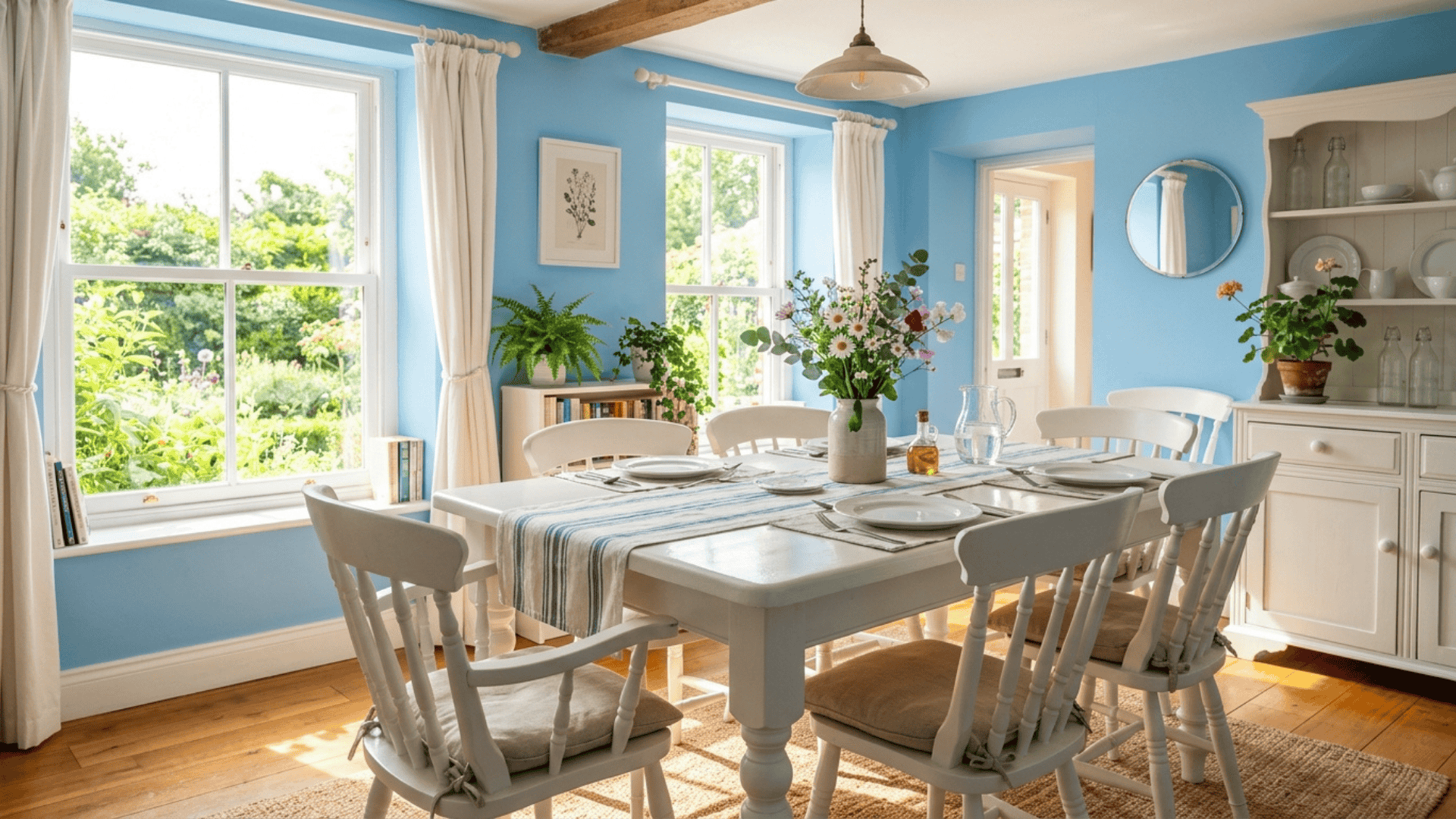 a sky blue dining room with white furniture glossy surfaces and direct sunlight from south facing windows creating a fresh open feel