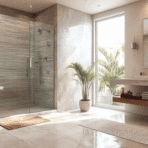 a sleek minimalist bathroom with frameless glass shower, neutral tones, floating vanity and soft natural light