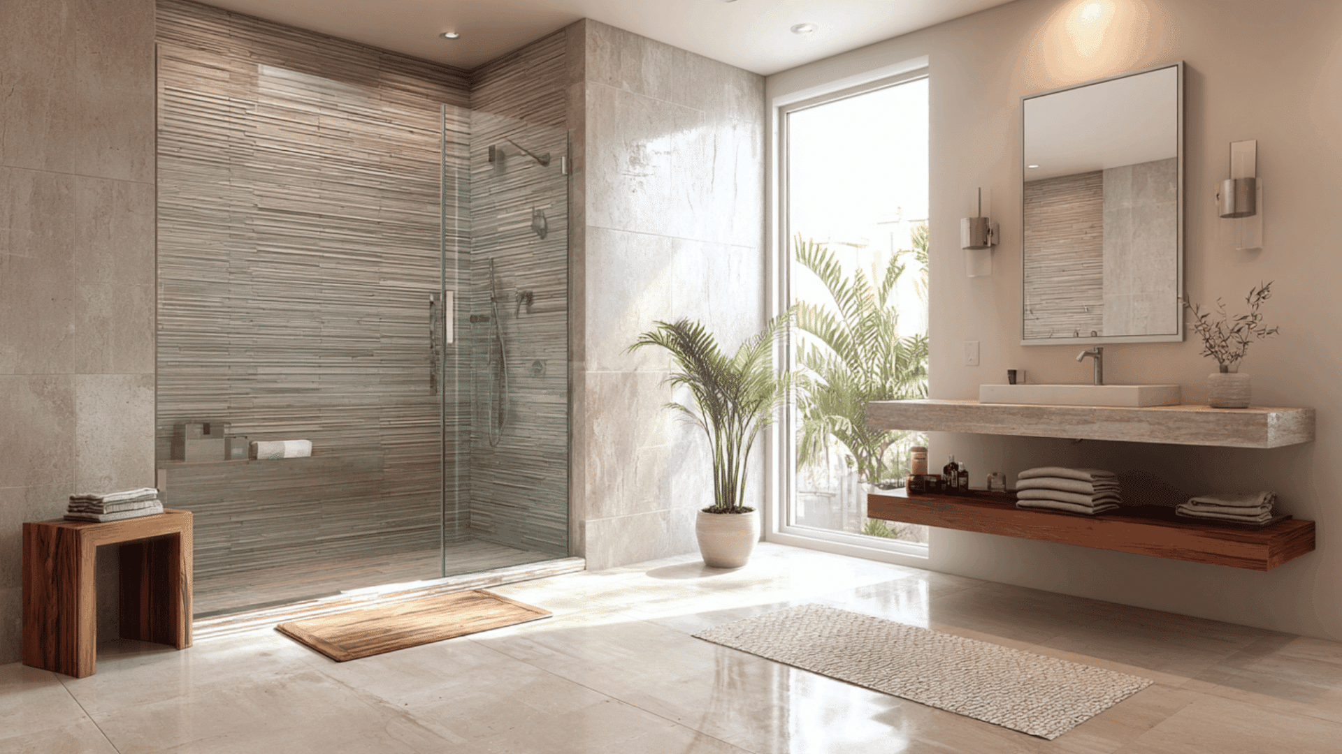 a sleek minimalist bathroom with frameless glass shower, neutral tones, floating vanity and soft natural light