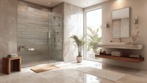 a sleek minimalist bathroom with frameless glass shower, neutral tones, floating vanity and soft natural light