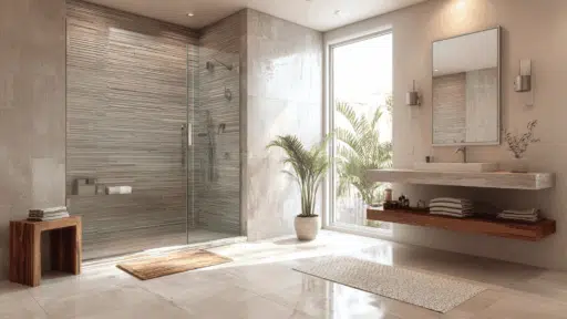 a sleek minimalist bathroom with frameless glass shower, neutral tones, floating vanity and soft natural light