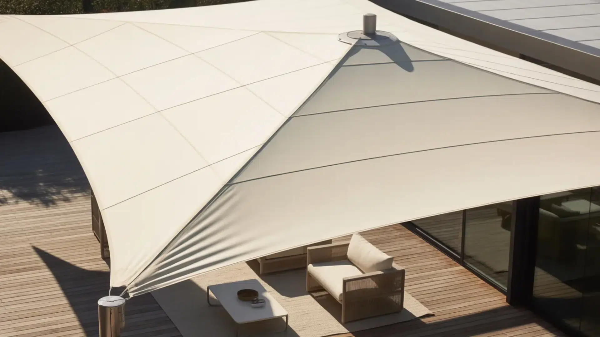 a sleek, modern outdoor shade canopy providing both shade and style over a comfortable seating area.