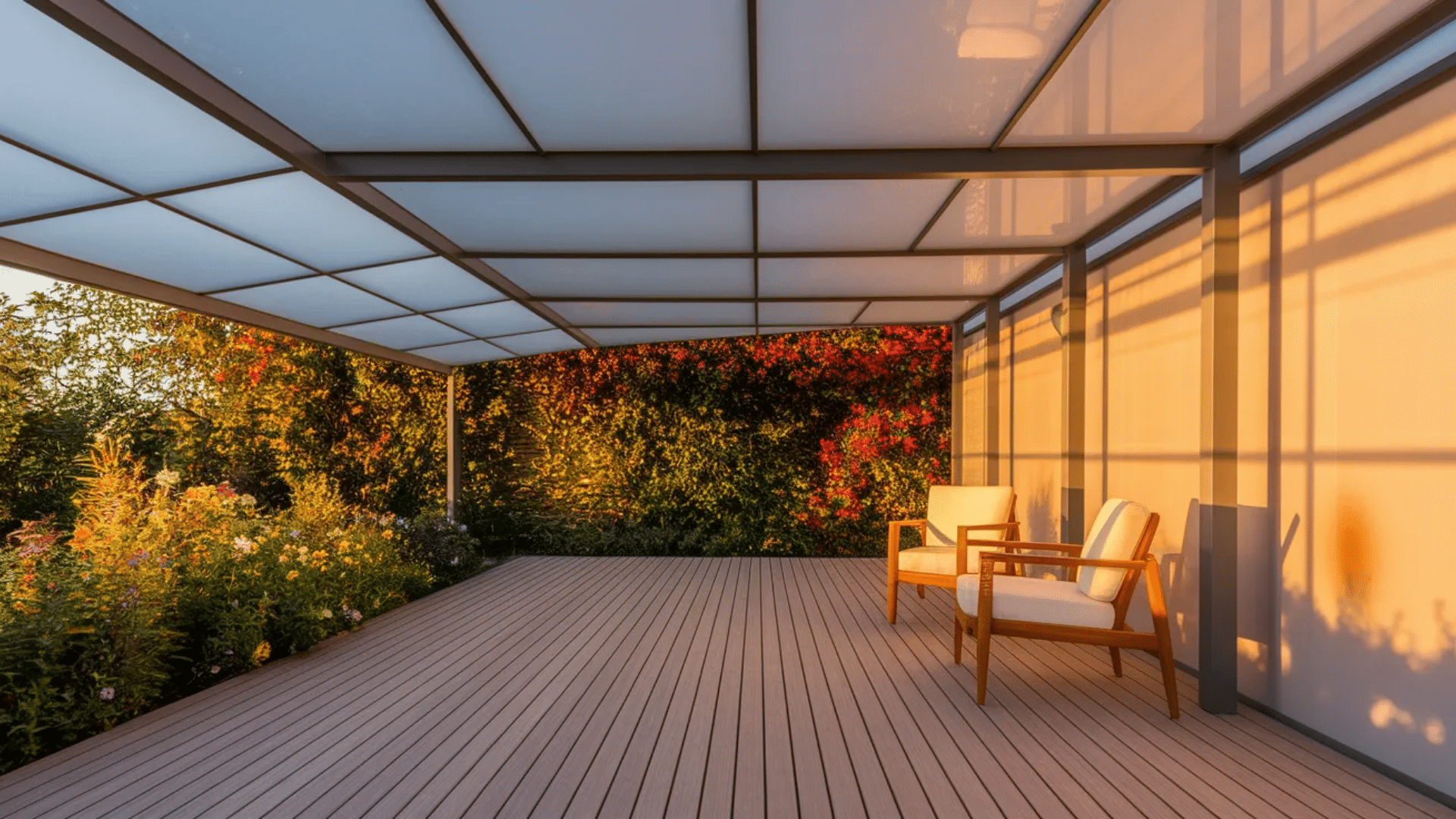 a sleek, modern patio cover with a translucent roof, offering ample natural light and a peaceful space for relaxation.