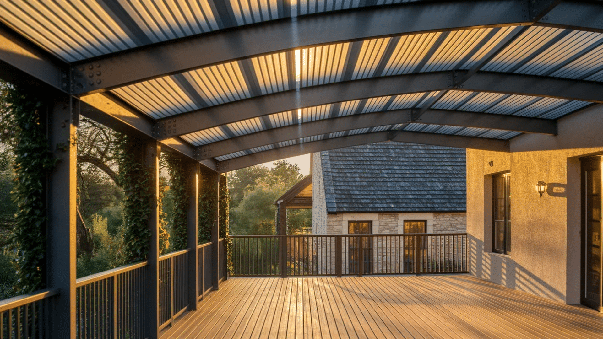 a sleek, modern steel canopy to  cover with a translucent roof, offering ample natural light and a peaceful space for relaxation.