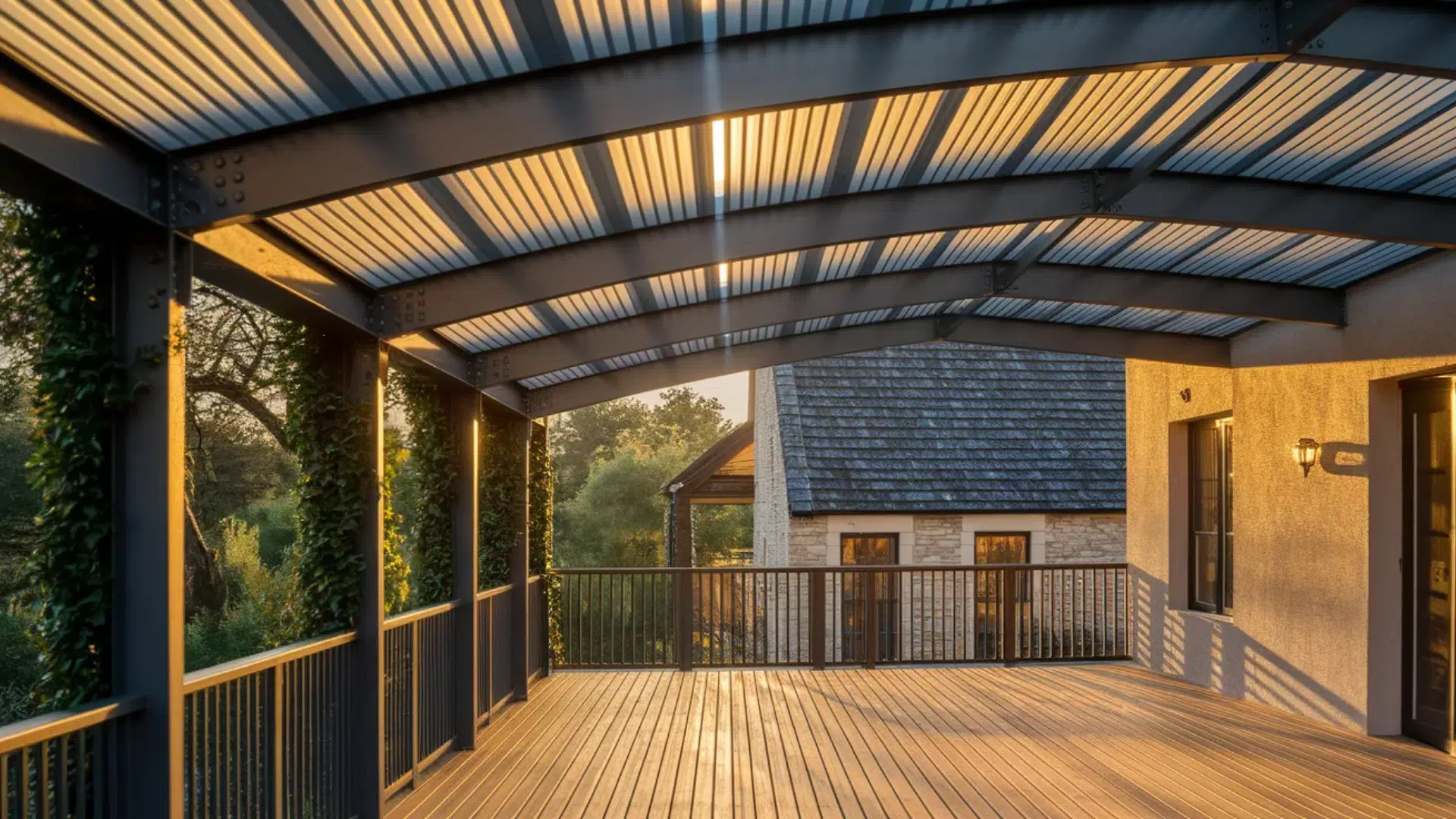 a sleek, modern steel canopy to  cover with a translucent roof, offering ample natural light and a peaceful space for relaxation.