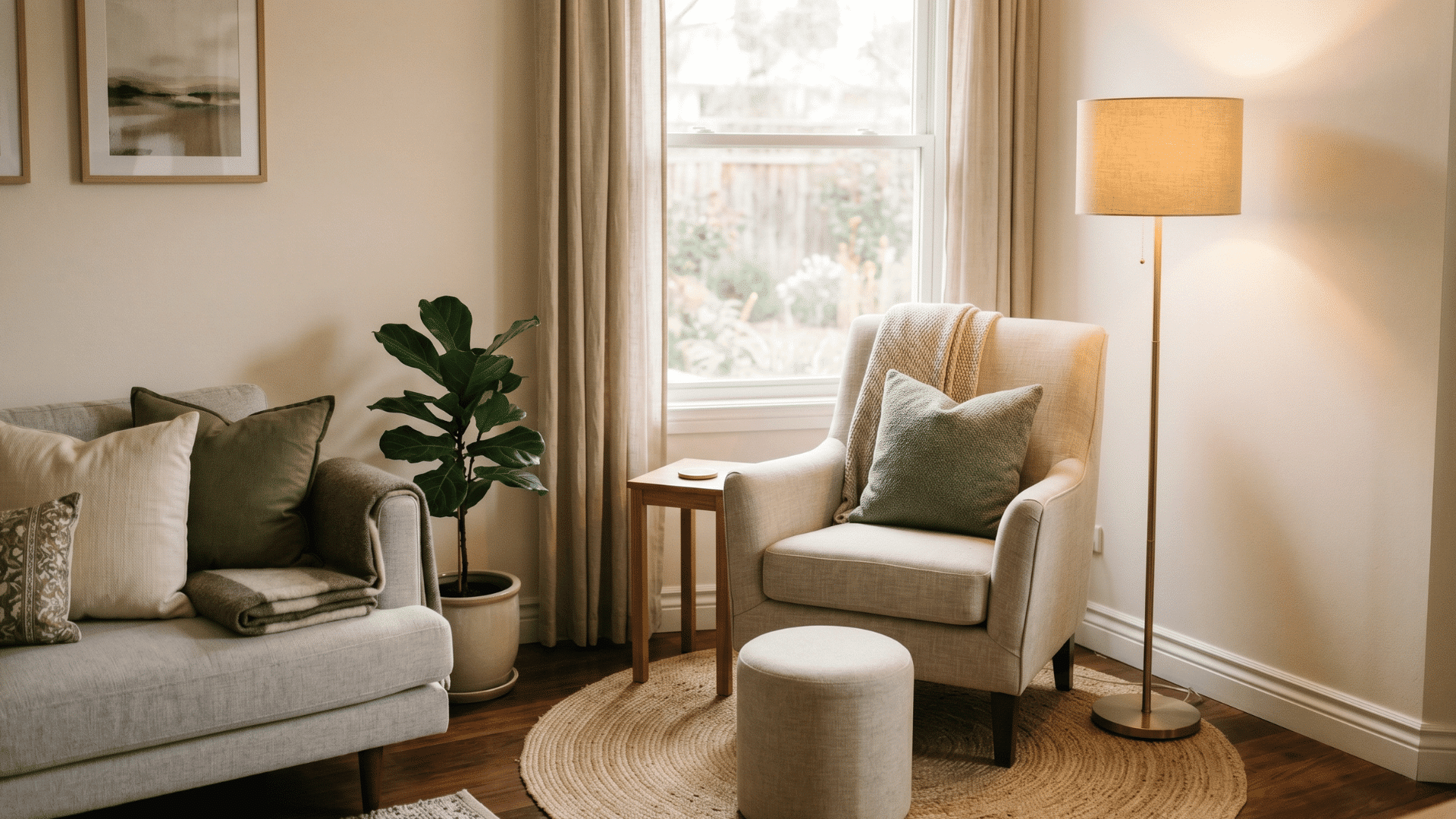 a small reading corner with chair and lamp, nearby sofa with pillows, calm setting, clean and simple layout