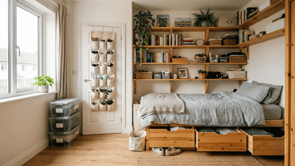 a small room with wall shelves, over-door organizers, stackable bins, and a bed with built-in drawers maximizing limited space