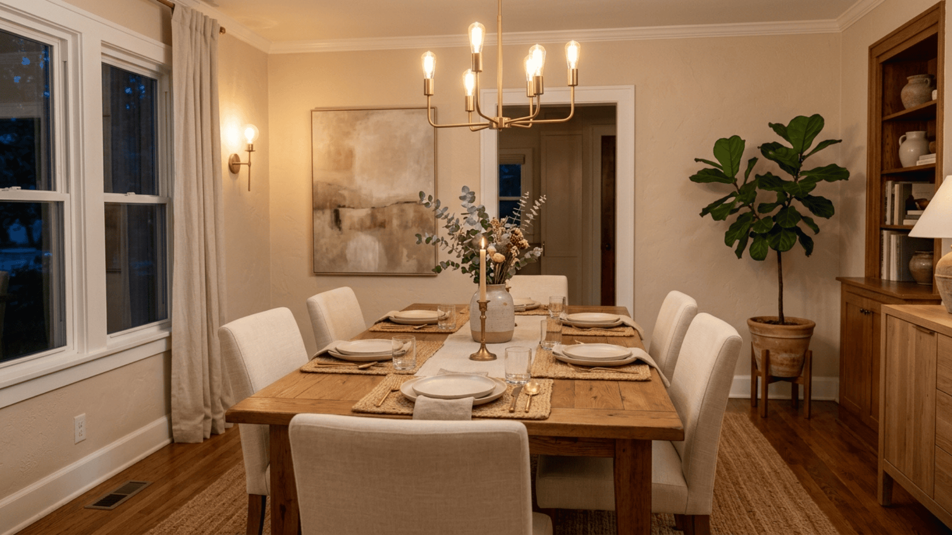 a soft beige dining room with cream upholstery warm wood furniture and muted green accents giving a natural and relaxed atmosphere