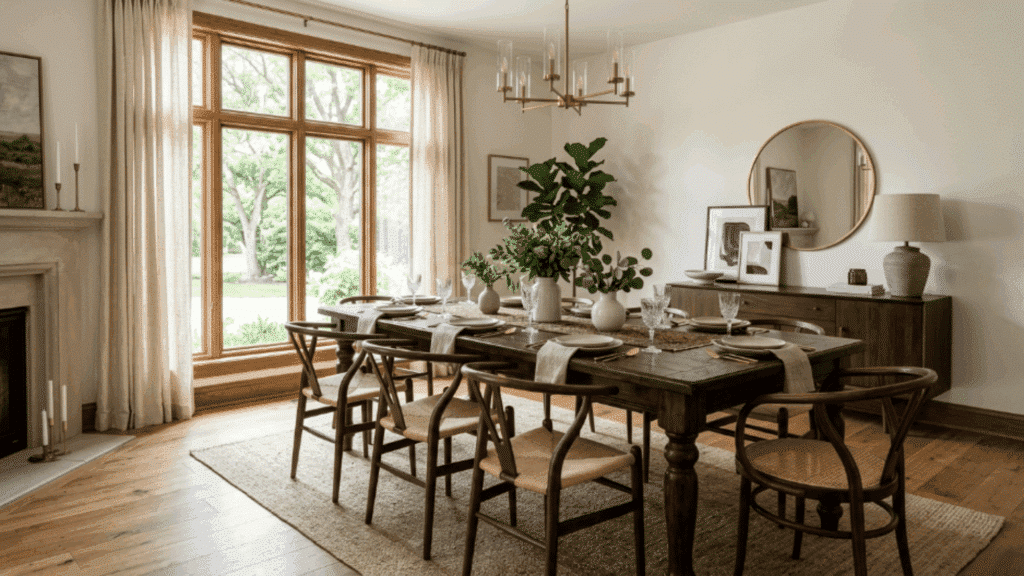 a solid wood dining table paired with sculptural chairs adds warmth while modern seating keeps the room light and inviting