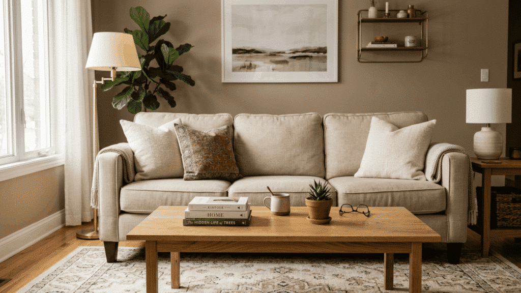 a standard height oak coffee table placed in front of a beige sofa showing an even and comfortable height alignment in a family living room