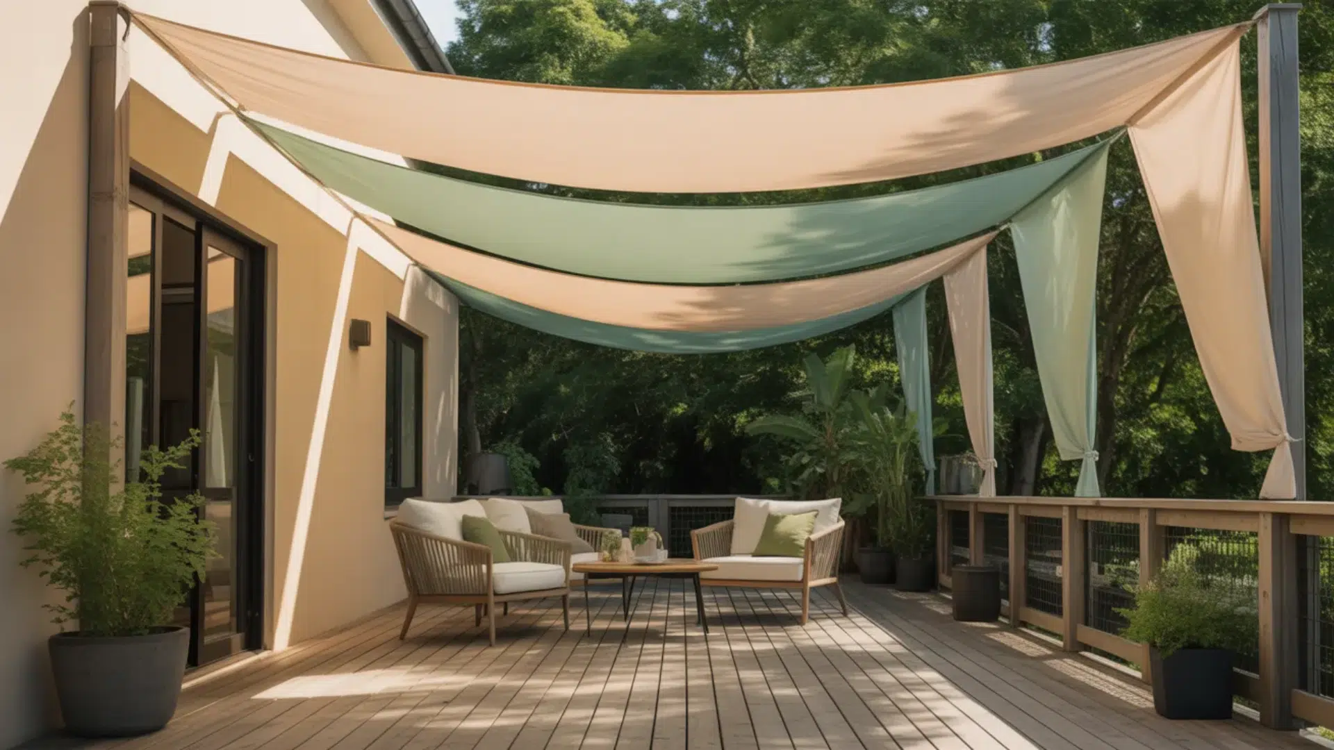 a stylish outdoor seating area shaded by colorful fabric canopies, offering a cozy and inviting space