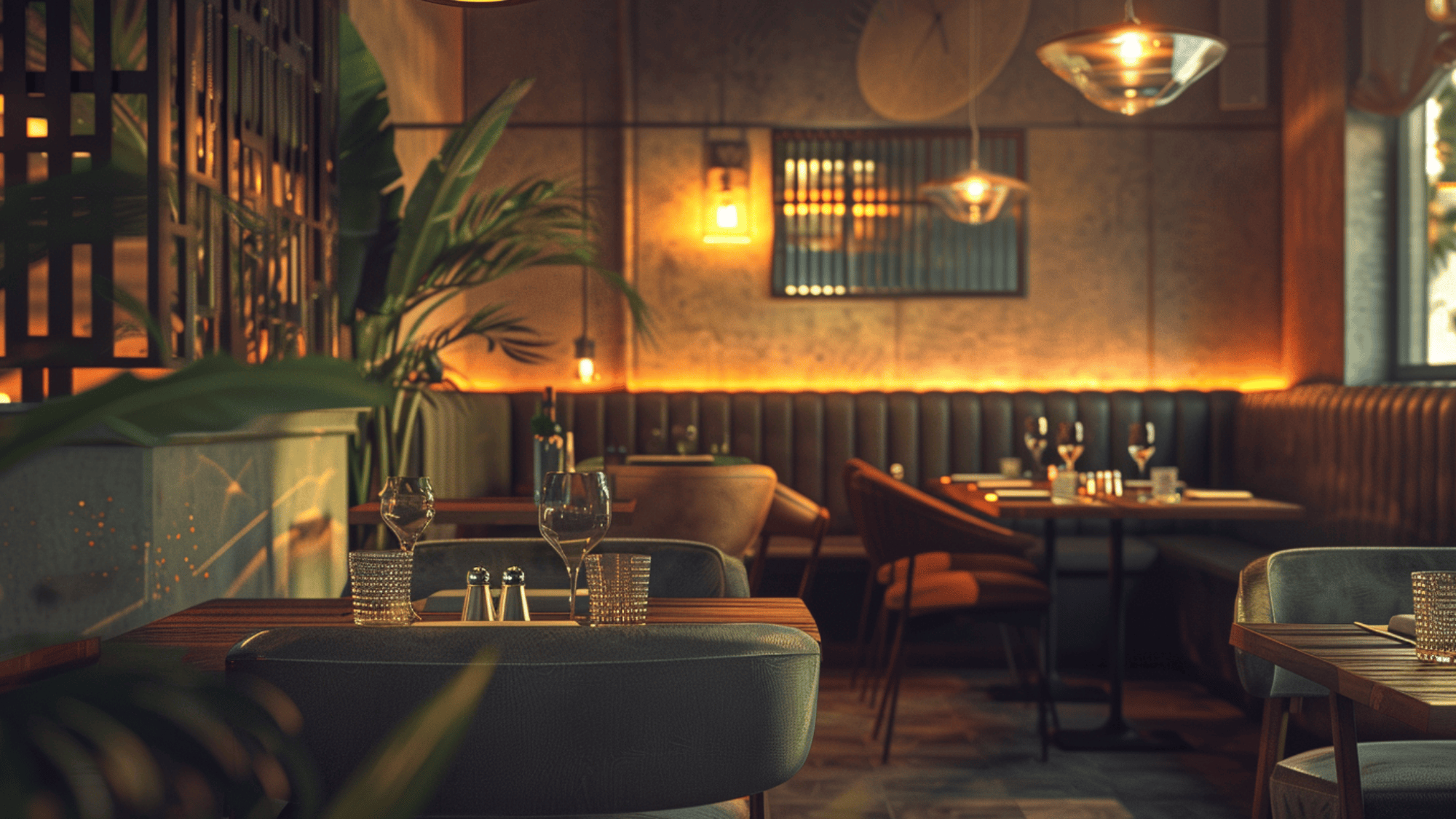 a stylish restaurant interior with ambient lighting cozy seating and modern decor creating a warm and inviting atmosphere