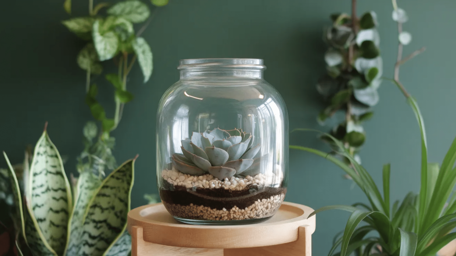 a succulent plant inside a glass jar, sitting on a wooden tray, surrounded by greenery in a cozy room with a green wall backdrop.